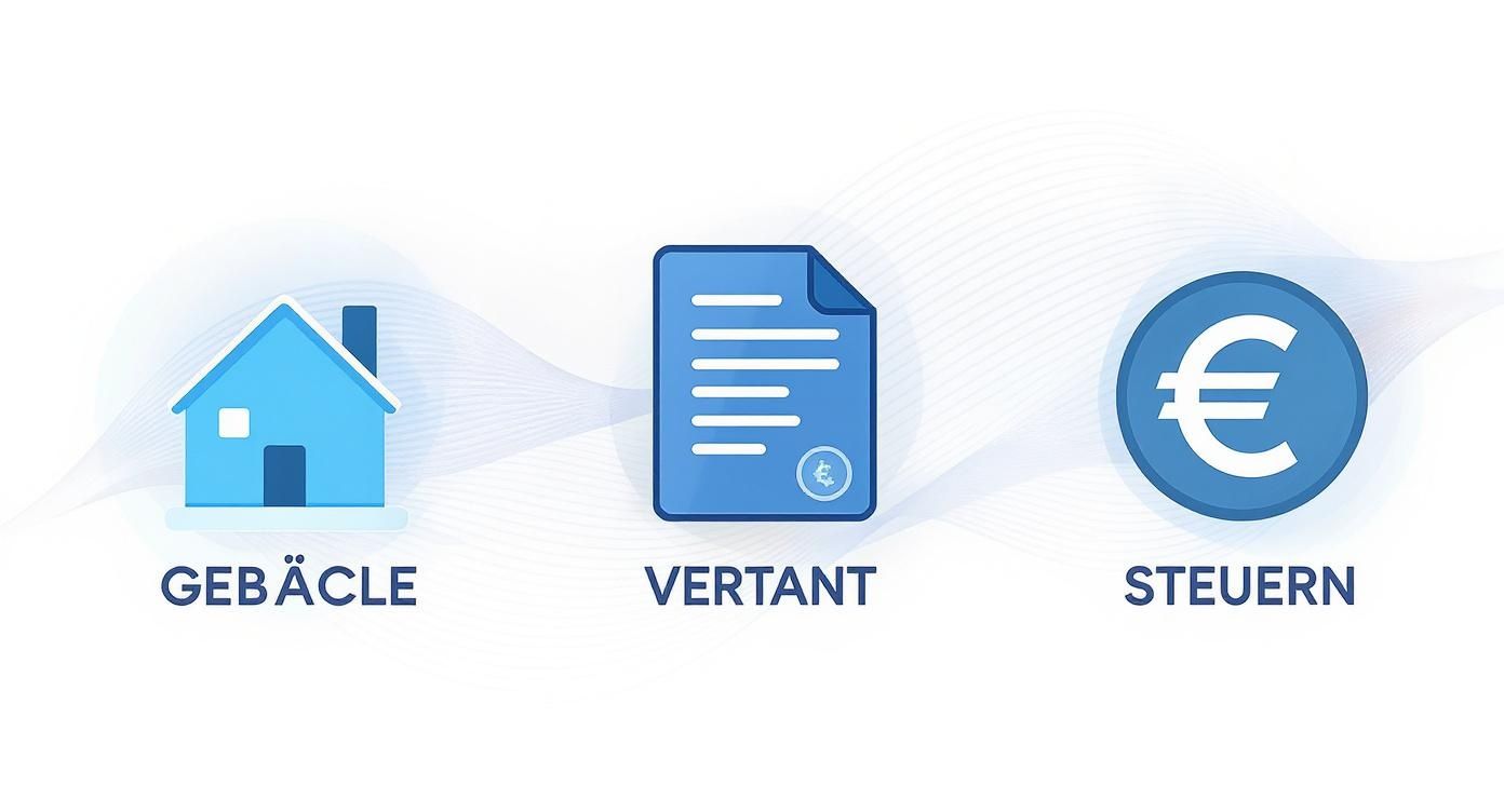 Drei Symbole zeigen Gebäude, Vertrag und Steuern für die Vermietung von Monteurzimmern