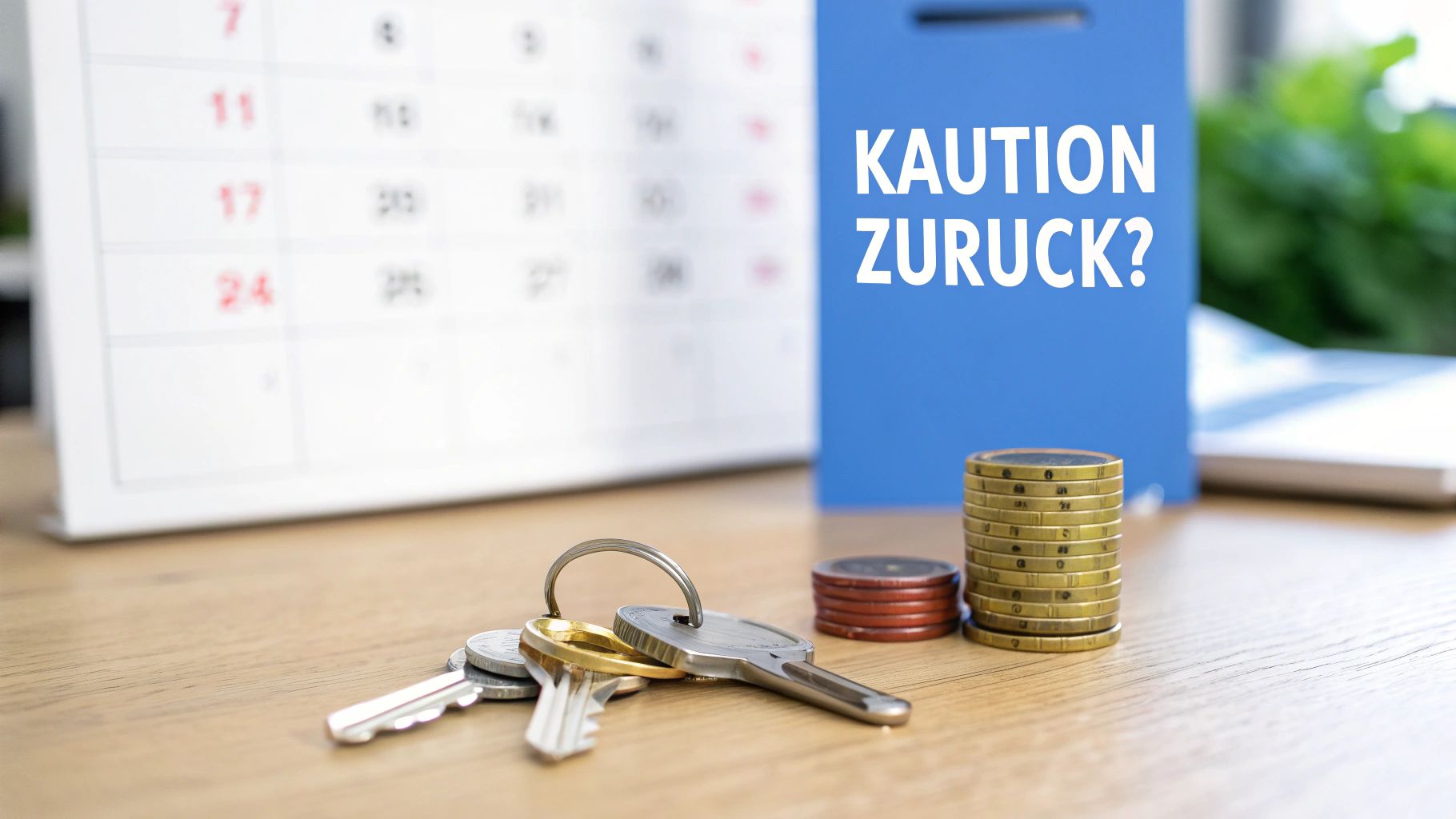 Schlüssel und gestapelte Münzen auf Schreibtisch mit Kalender und Schild Kaution zurück im Hintergrund