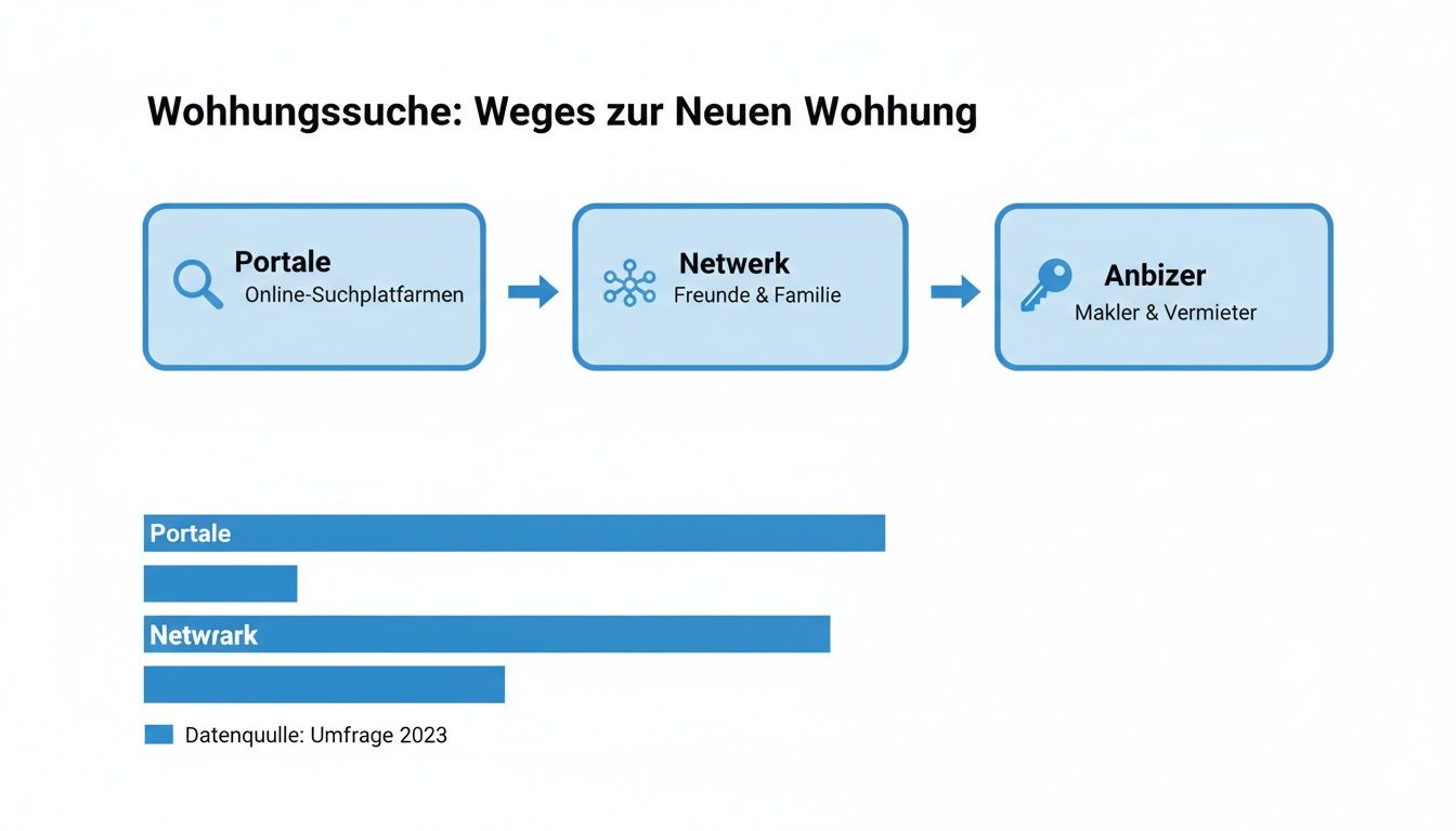 Infografik zur Wohnungssuche mit Flussdiagramm und Balkendiagramm, die Wege zur neuen Wohnung aufzeigen, inklusive Portale, Netzwerk und Anbizer.