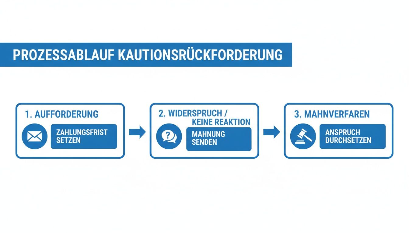 Prozessablauf zur Kautionsrückforderung in drei Schritten: Aufforderung, Mahnung bei Nichtreaktion, Mahnverfahren zur Anspruchsdurchsetzung.