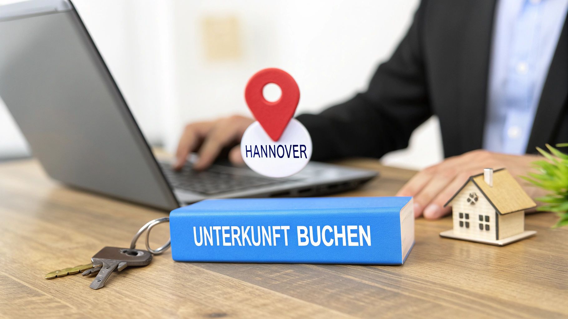 Person bucht online Unterkunft in Hannover. Ein Laptop, Schlüssel und ein Modellhaus sind auf dem Tisch.
