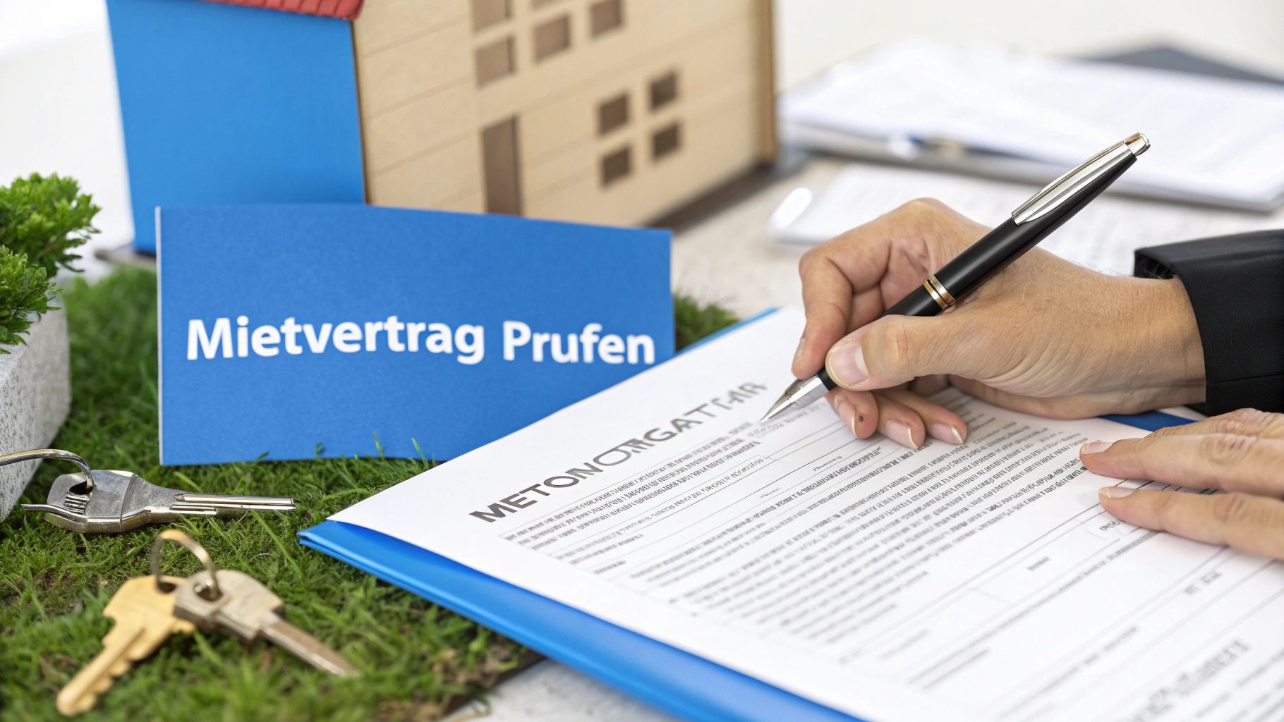 Person unterschreibt Mietvertrag mit Stift, Schlüssel und Modellhaus auf Gras, blauer Hinweis „Mietvertrag Prüfen“.