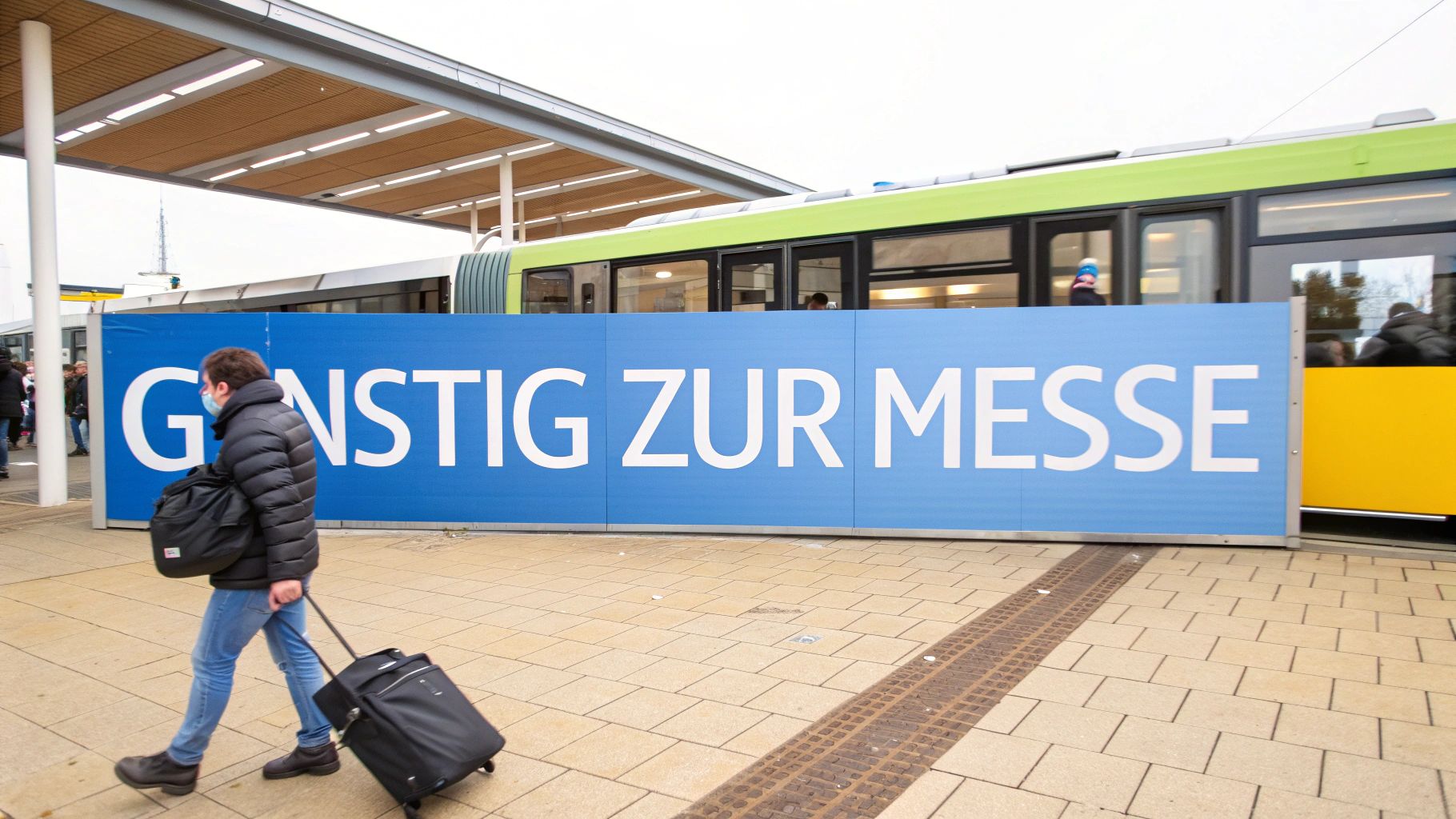 Mann mit Koffer und Maske am Bahnhof, vor blauem Schild 'GÜNSTIG ZUR MESSE' und grünem Zug.