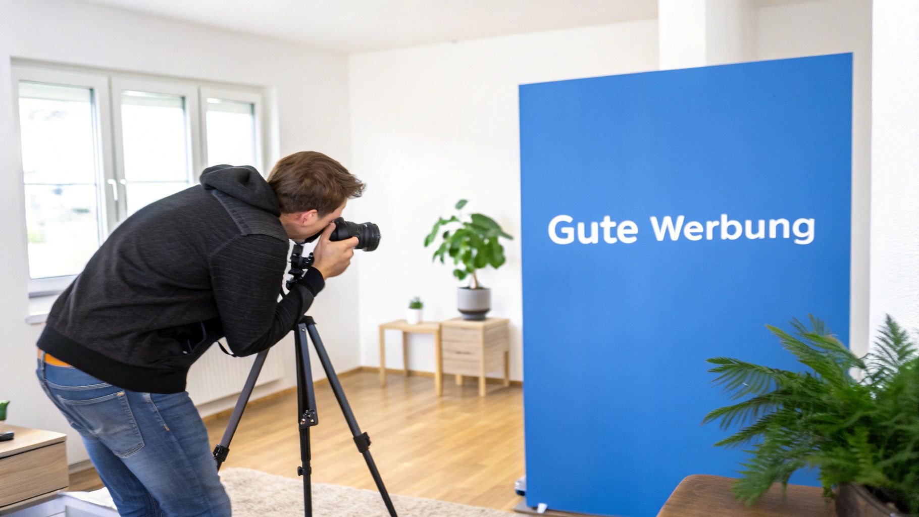Ein Fotograf macht mit Kamera und Stativ ein Foto von einem blauen Banner mit der Aufschrift 'Gute Werbung' in einem hellen Raum.