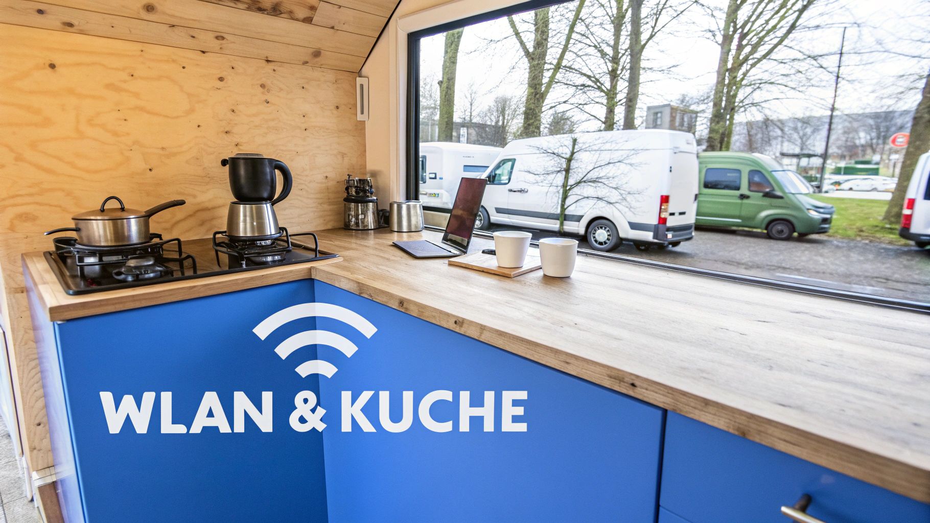 Modernes mobiles Küchenmodul mit Gasherd, Kaffeemaschine, Laptop und WLAN-Schriftzug, Blick nach draußen.