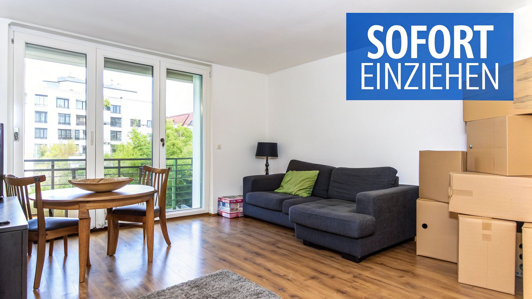 Helles Wohnzimmer einer möblierten Wohnung in Hannover mit Esstisch, Sofa und Umzugskartons, bereit zum Einzug.