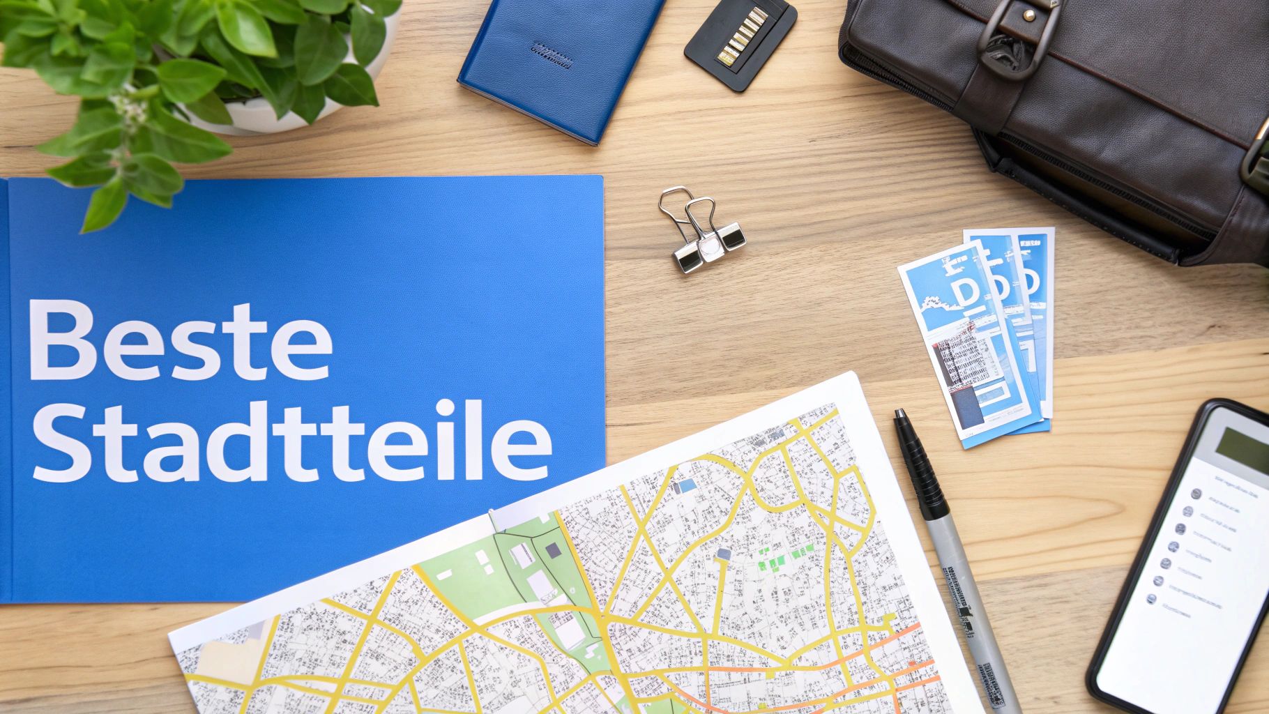Auf einem Holztisch liegen ein blaues Buch mit der Aufschrift 'Beste Stadtteile', eine Karte, ein Stift und ein Smartphone. Szene für Immobilienrecherche.