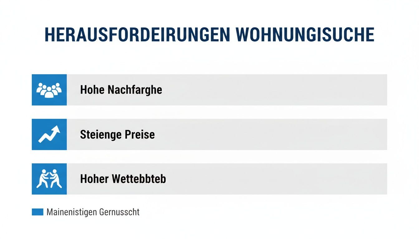 Grafik zeigt Herausforderungen der Wohnungssuche: Hohe Nachfrage, steigende Preise und starker Wettbewerb.