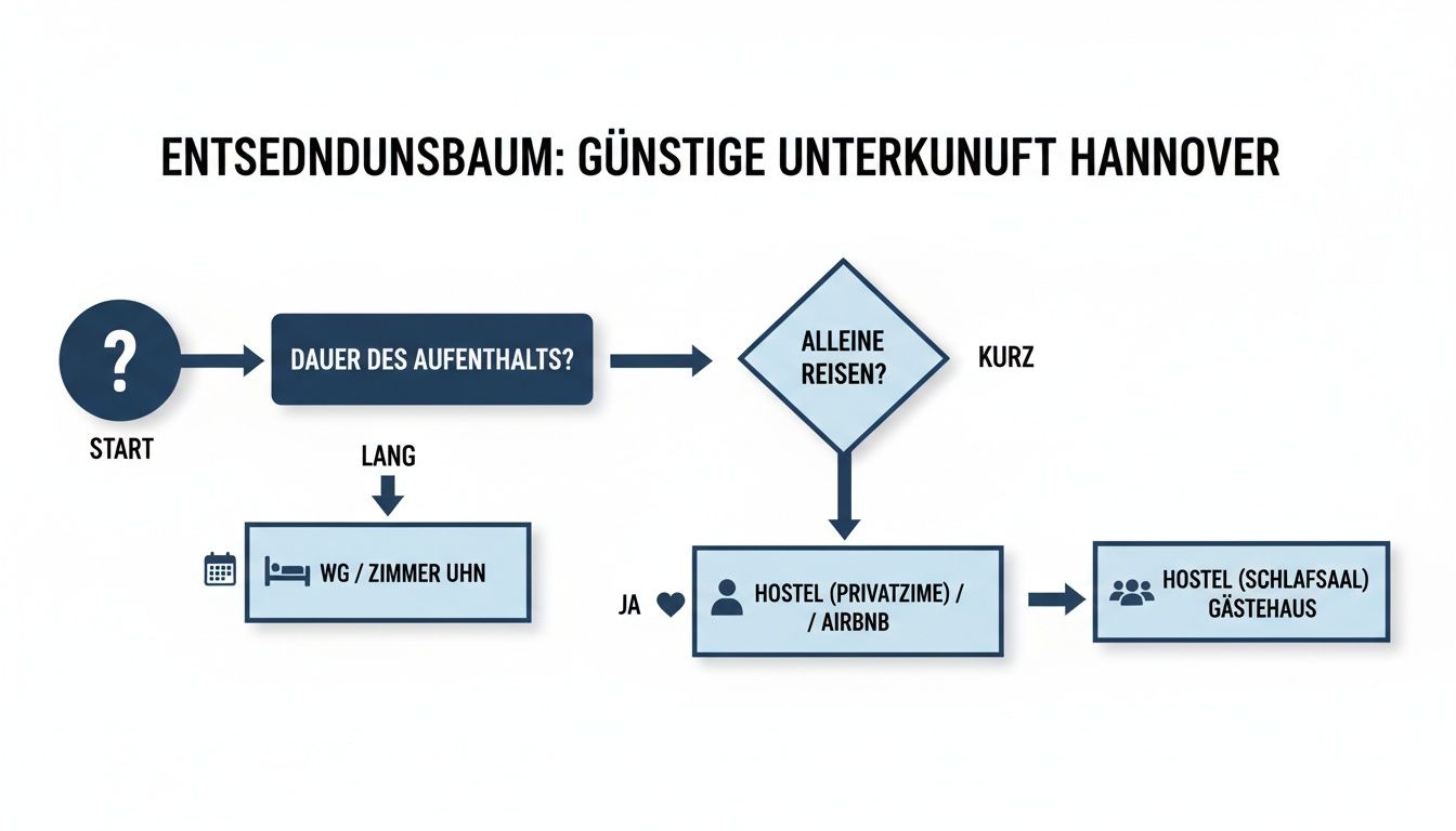Flussdiagramm zur Suche günstiger Unterkünfte in Hannover basierend auf Aufenthaltsdauer und Reisegruppe.