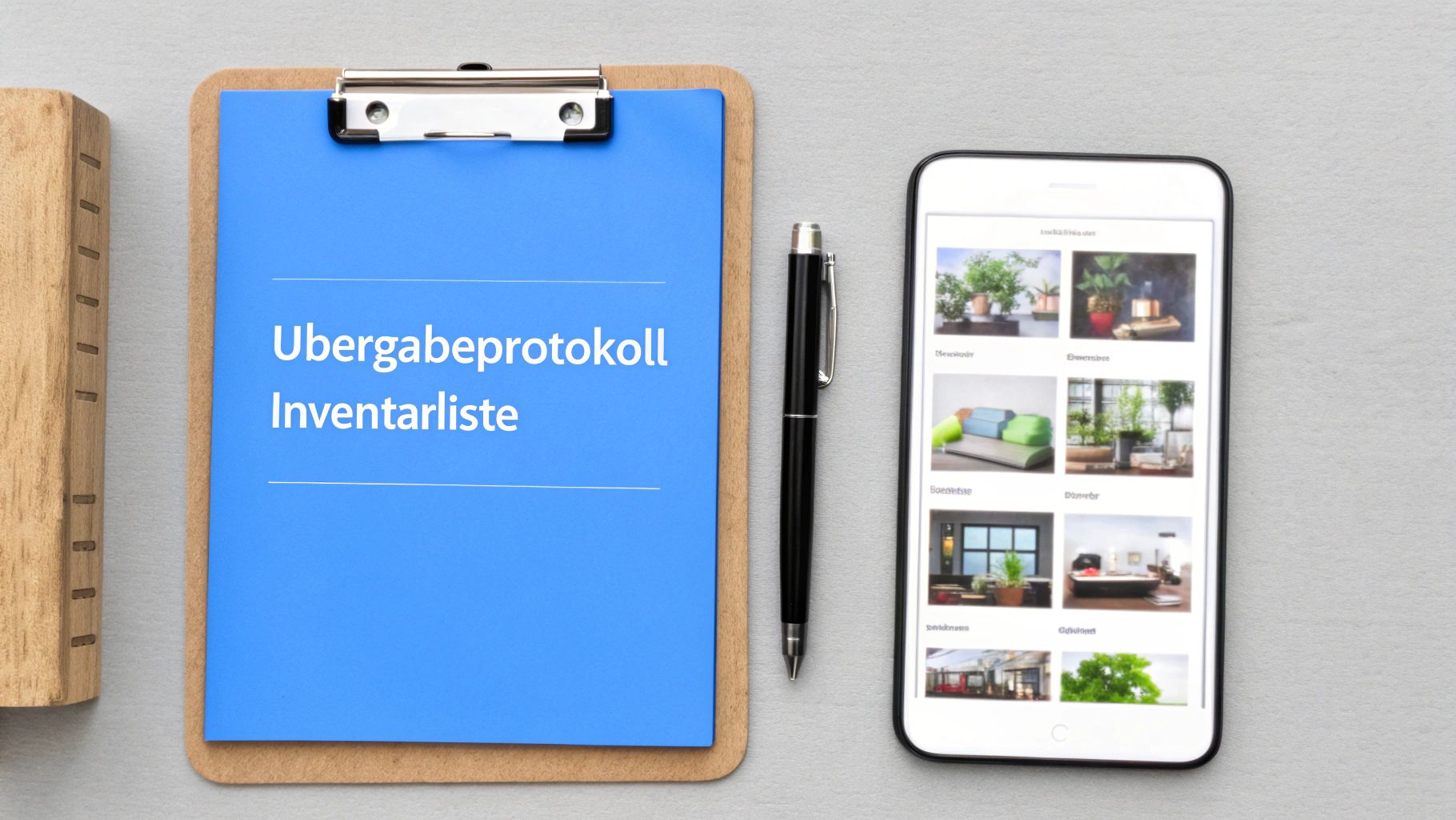 Klemmbrett mit blauem Blatt und Text 'Übergabeprotokoll Inventarliste', daneben ein Stift und ein Smartphone.