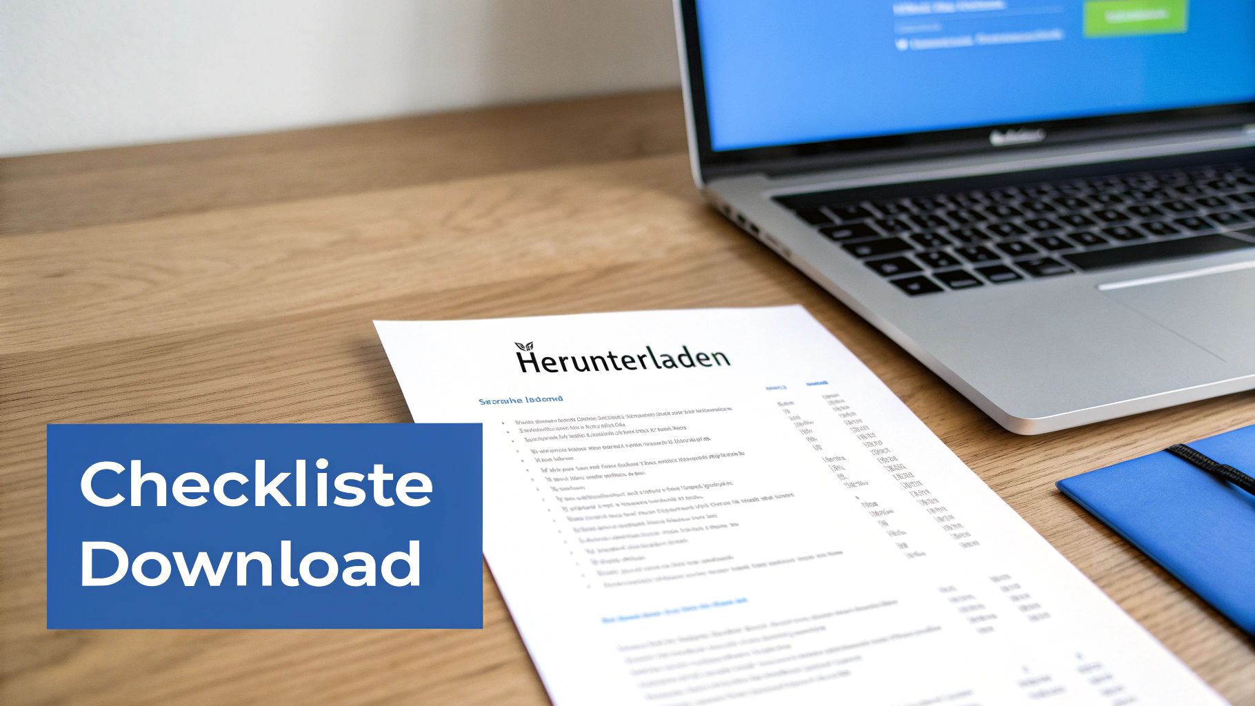 Dokument 'Checkliste Download' und 'Herunterladen' auf einem Holzschreibtisch neben einem Laptop.