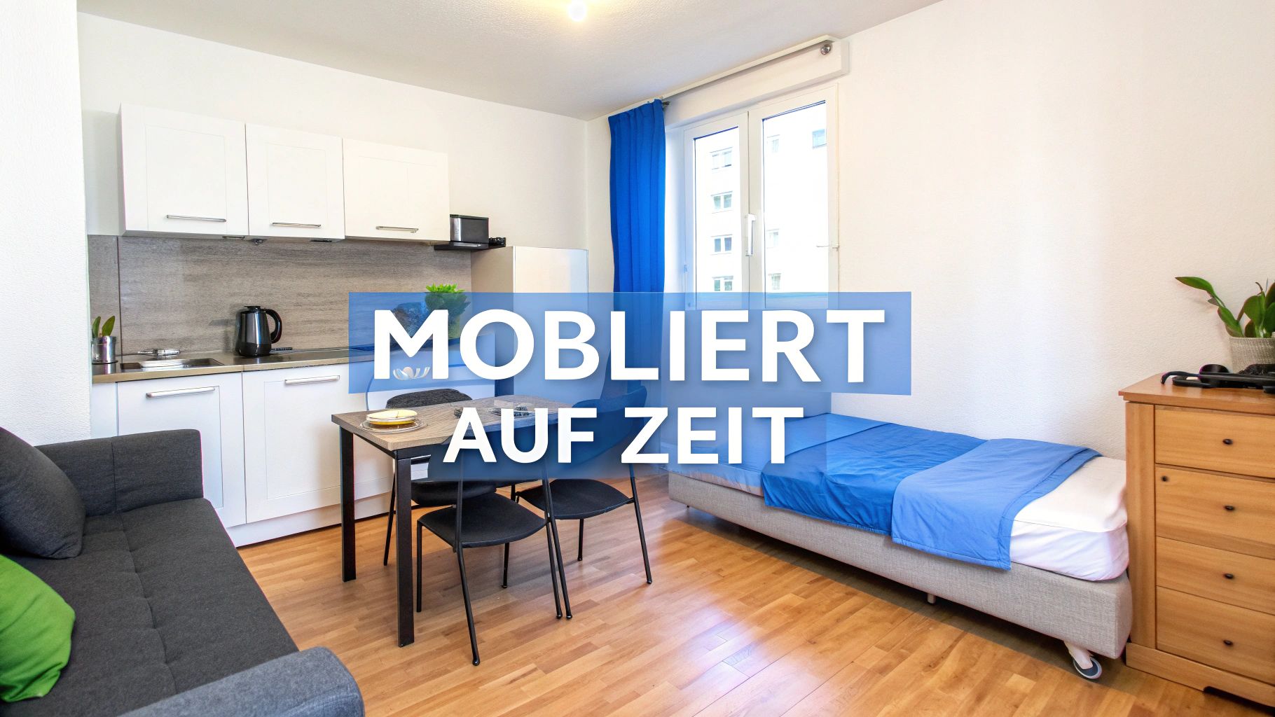 Helles, möbliertes Apartment mit Küchenzeile, Esstisch, Sofa und Einzelbett für temporäres Wohnen.