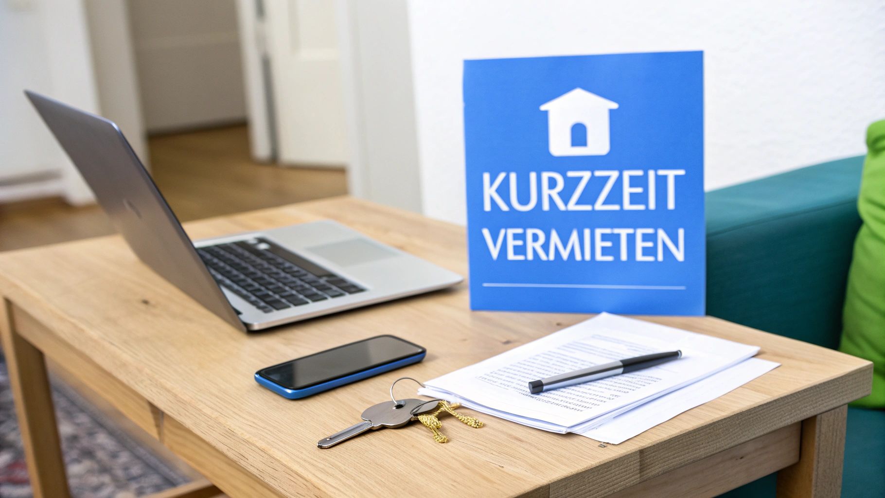 Ein Holztisch mit Laptop, Smartphone, Schlüsseln, Dokumenten und einem Schild 'KURZZEIT VERMIETEN' für die Vermietung von Wohnungen.