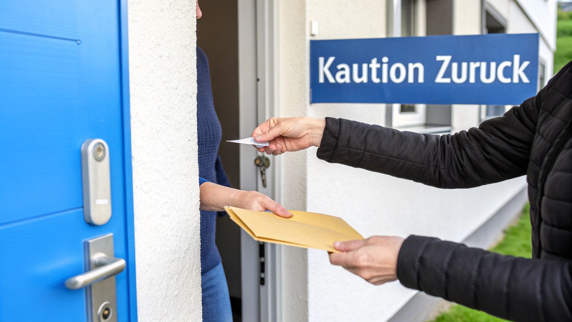 Zwei Personen tauschen an einer Tür Dokumente und eine Karte aus, mit einem Schild 'Kaution Zurück' im Hintergrund.