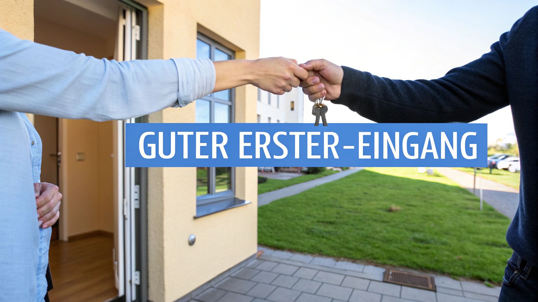 Zwei Personen übergeben sich Hausschlüssel vor einem neuen Haus, mit dem Text "GUTER ERSTER-EINGANG".