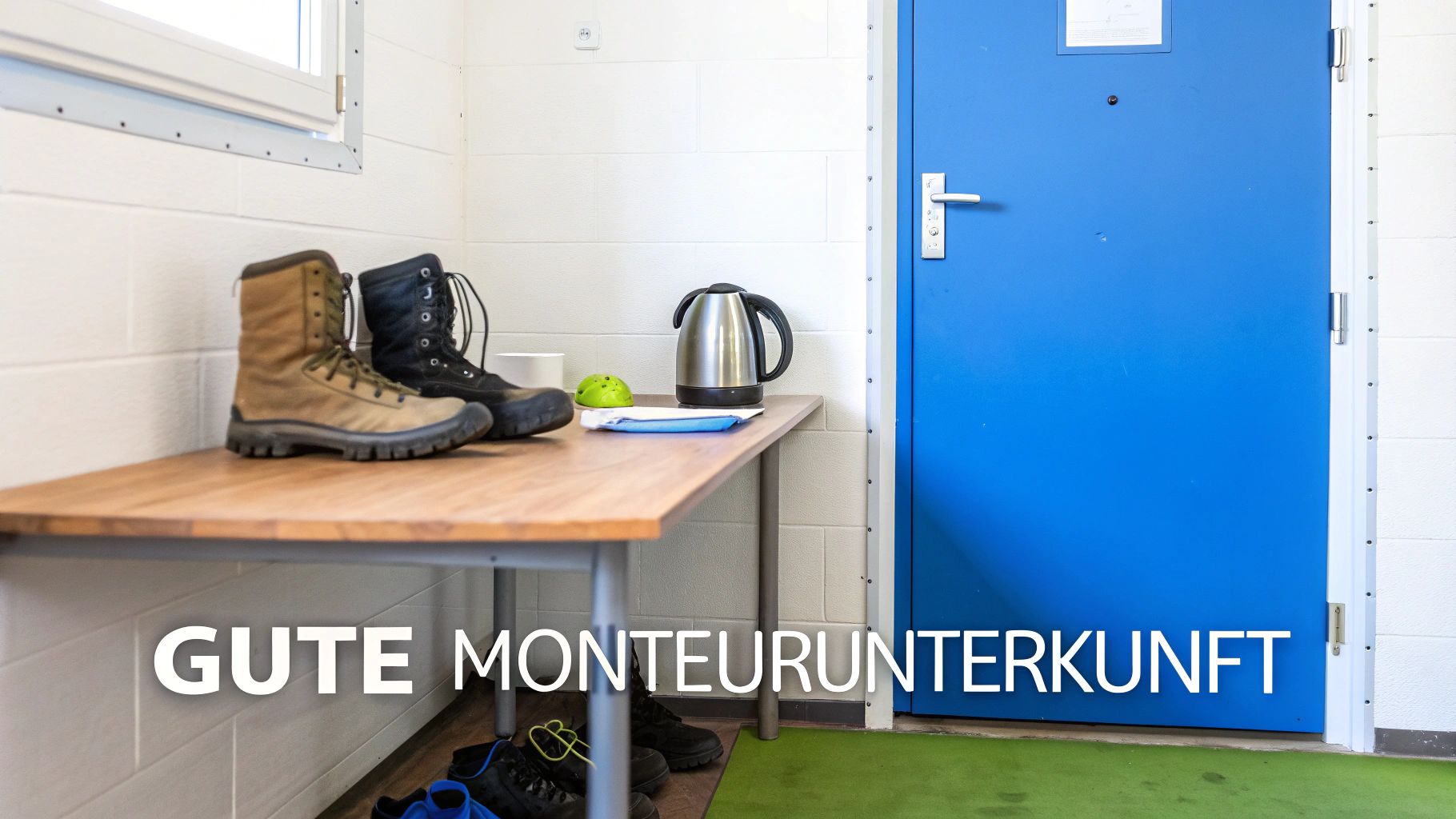 Blick in eine saubere Monteurunterkunft mit Tisch, Stiefeln, Wasserkocher und einer blauen Tür.