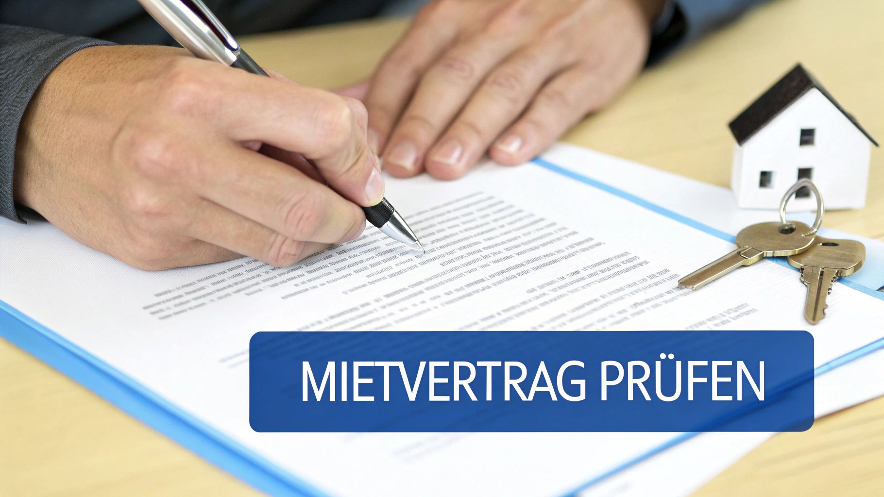 Hände unterschreiben einen Mietvertrag, daneben ein kleines Hausmodell und Schlüssel liegen. Prüfen Sie Ihren Mietvertrag.