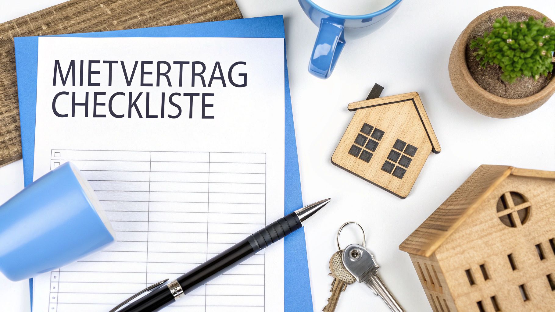 Checkliste für den Mietvertrag mit Holzhausmodellen, Schlüsseln, Stift und Pflanze auf weißem Hintergrund.