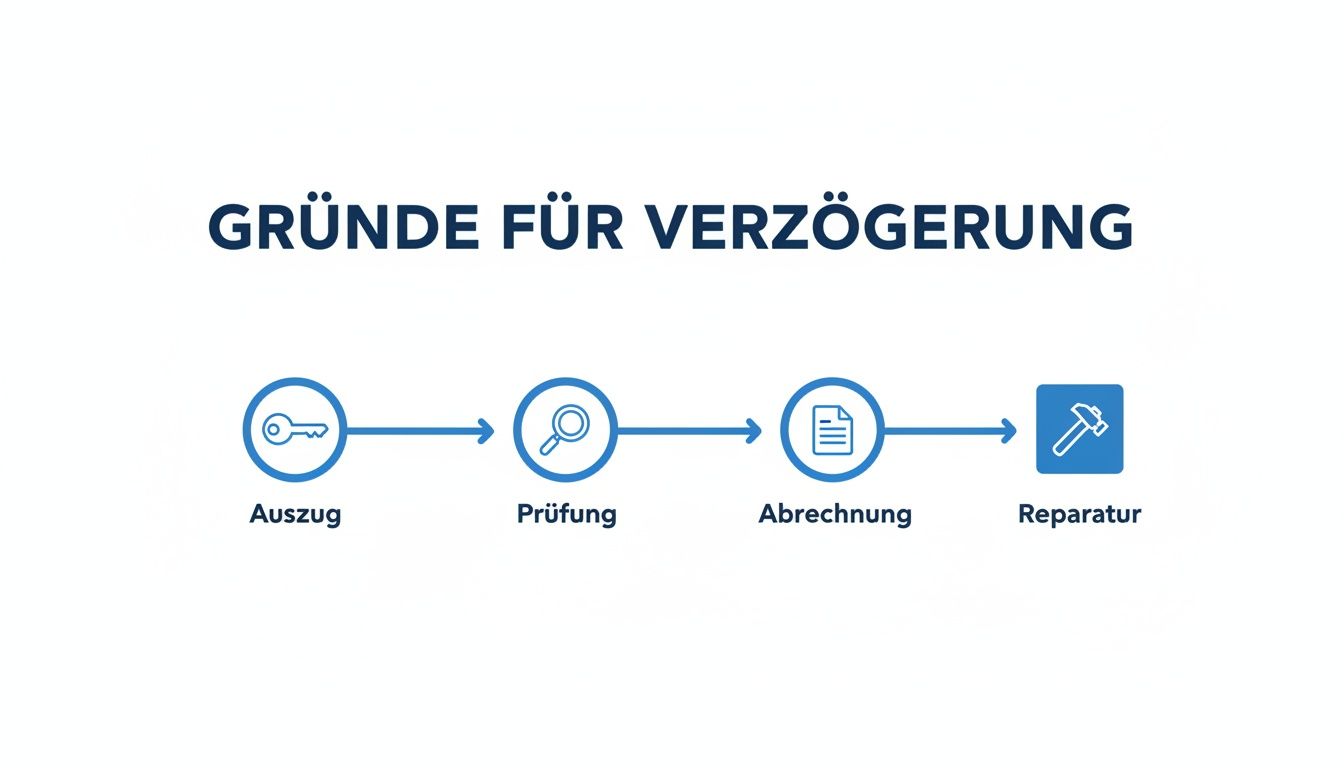 Prozessablauf der Gründe für Verzögerungen: Auszug, Prüfung, Abrechnung und Reparatur Schritte.