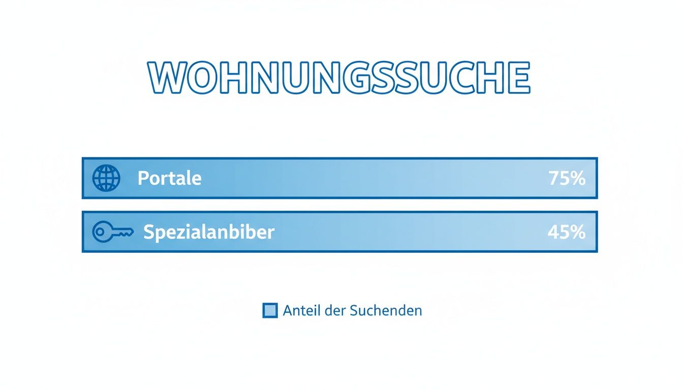Graphik zur Wohnungssuche, zeigt 75% Nutzung von Portalen und 45% von Spezialanbietern. Anteil der Suchenden.
