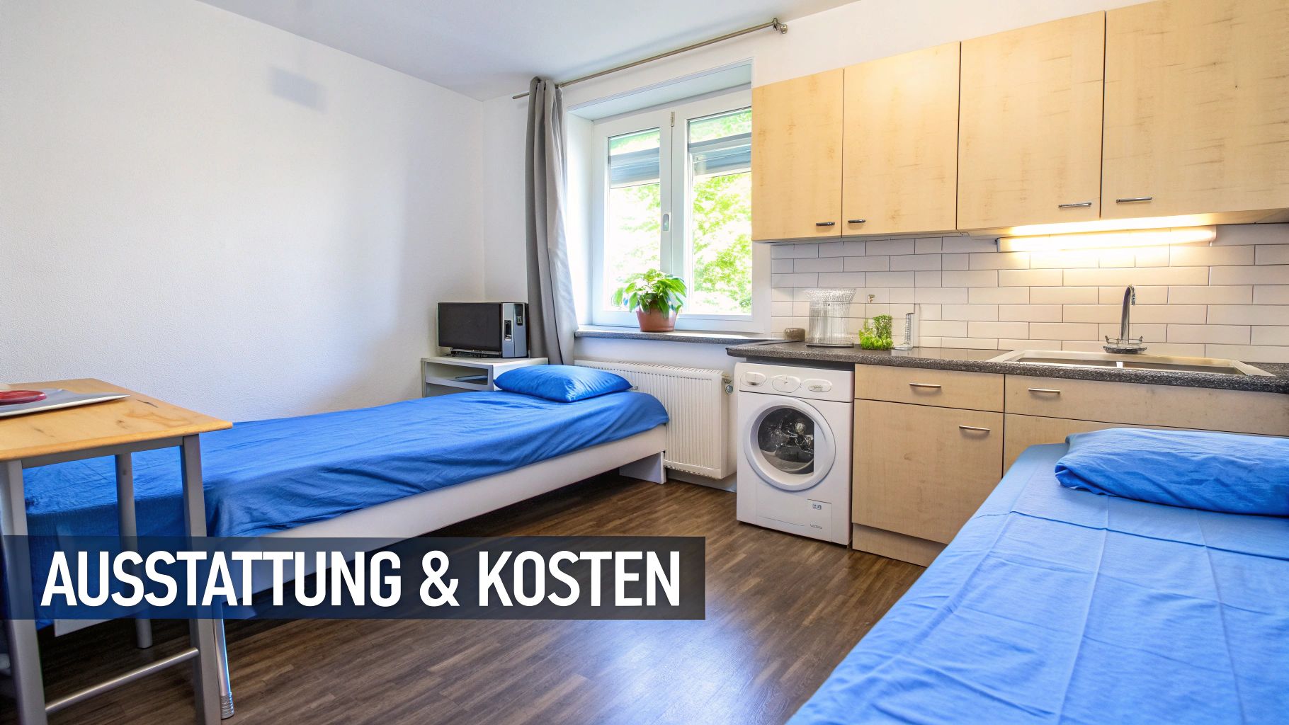 Ein sauberer und moderner Küchen- und Essbereich in einem Monteurzimmer