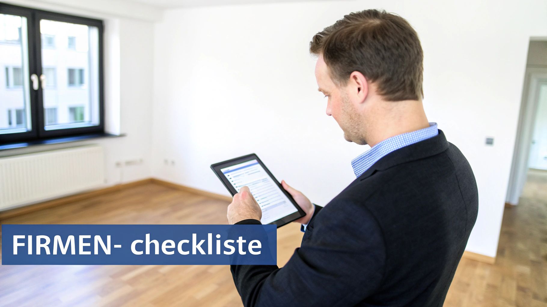 Mann im Anzug prüft eine Checkliste auf einem Tablet in einem leeren Raum mit Holzboden.