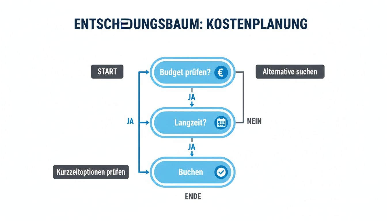 Ein Entscheidungsbaum zur Kostenplanung, der die Schritte Budgetprüfung, Langzeitoptionen und Buchung darstellt.