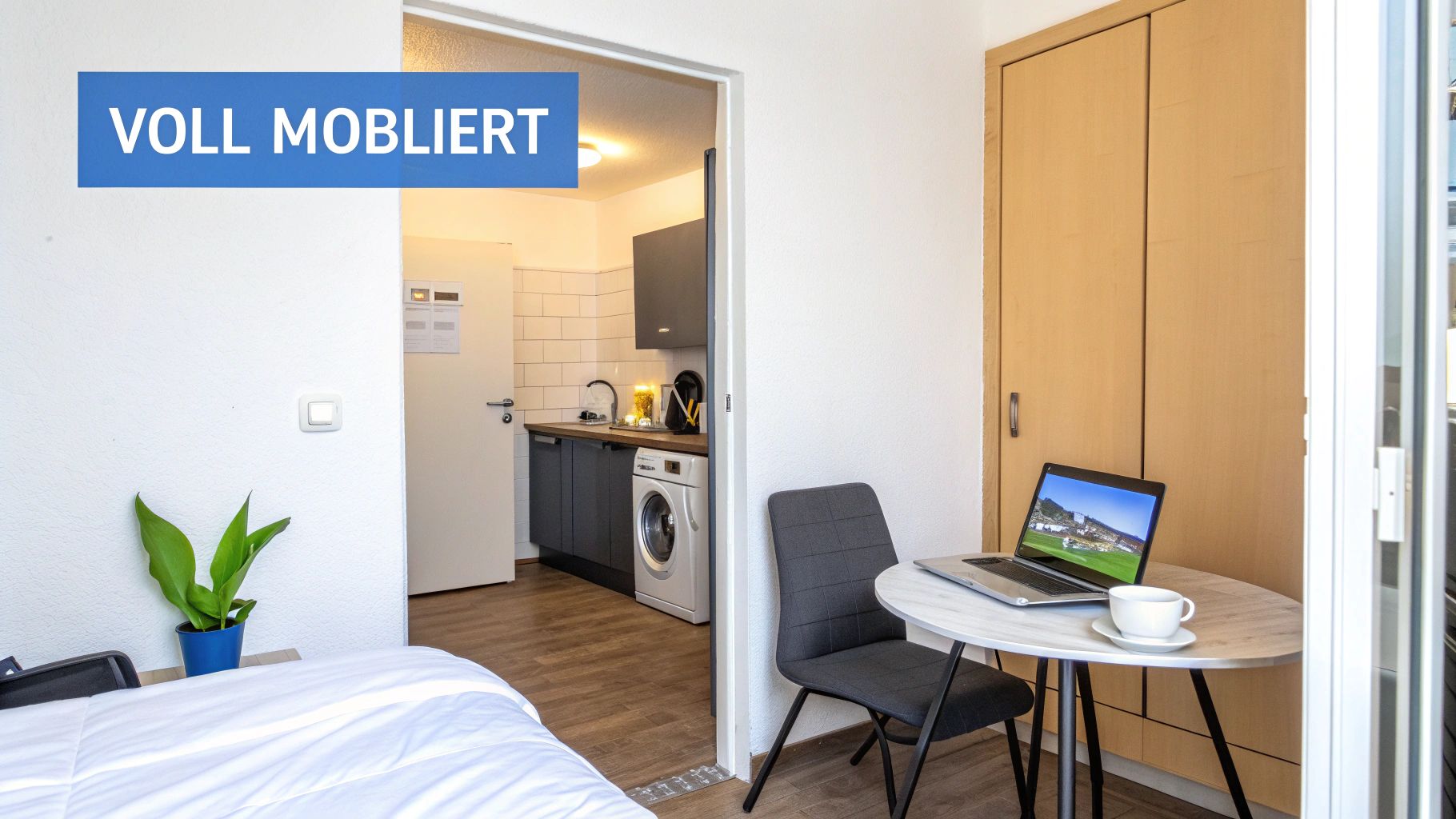 Modernes, voll möbliertes Apartment mit Bett, Schreibtisch und integrierter Küche mit Waschmaschine.