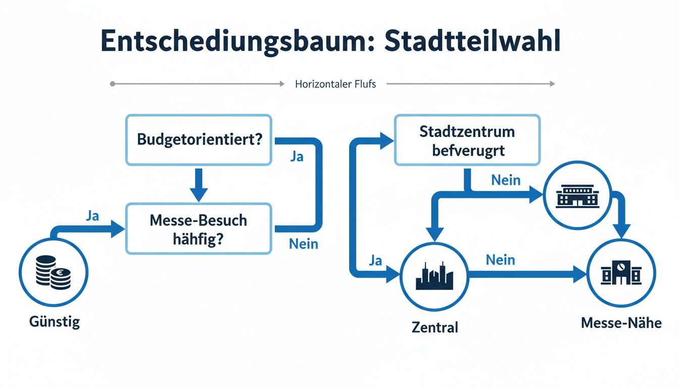 Entscheidungsbaum zur Stadtteilwahl basierend auf Budget, Messebesuchen und Zentrumspräferenz, mit Optionen wie Günstig, Zentral, Messenähe.