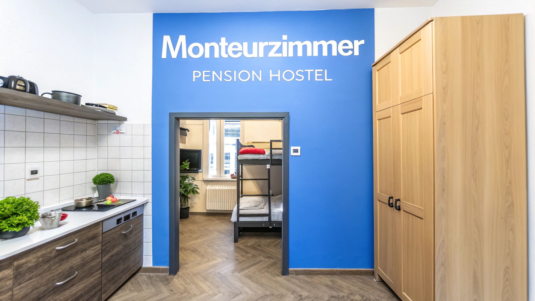 Heller Gemeinschaftsraum mit Küche und Zugang zu einem Zimmer mit Etagenbetten in einem Monteurzimmer Pension Hostel.