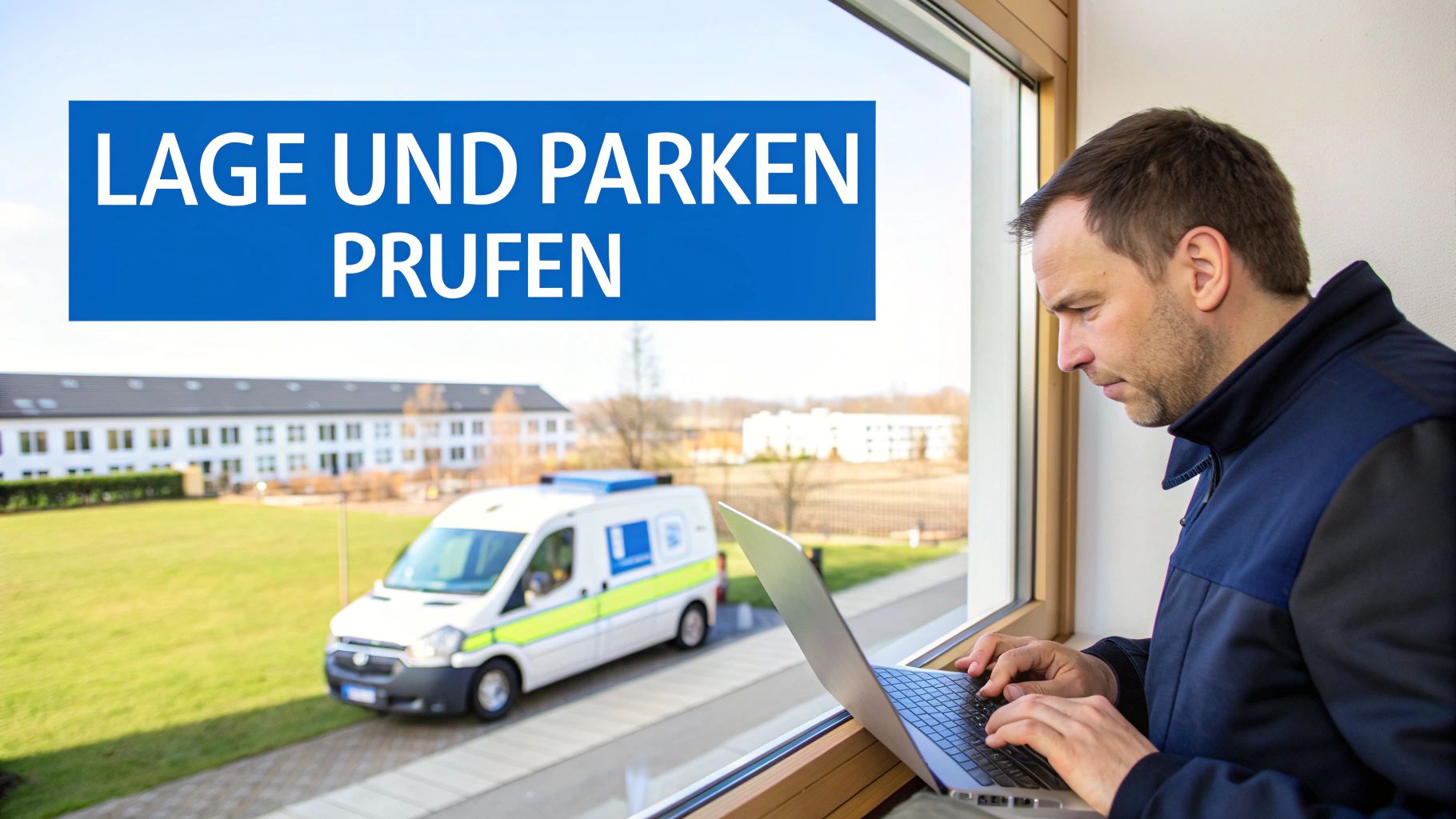 Ein Mann tippt auf einem Laptop und schaut aus dem Fenster auf einen Parkplatz mit einem weißen Lieferwagen. Ein blaues Banner sagt: LAGE UND PARKEN PRÜFEN.