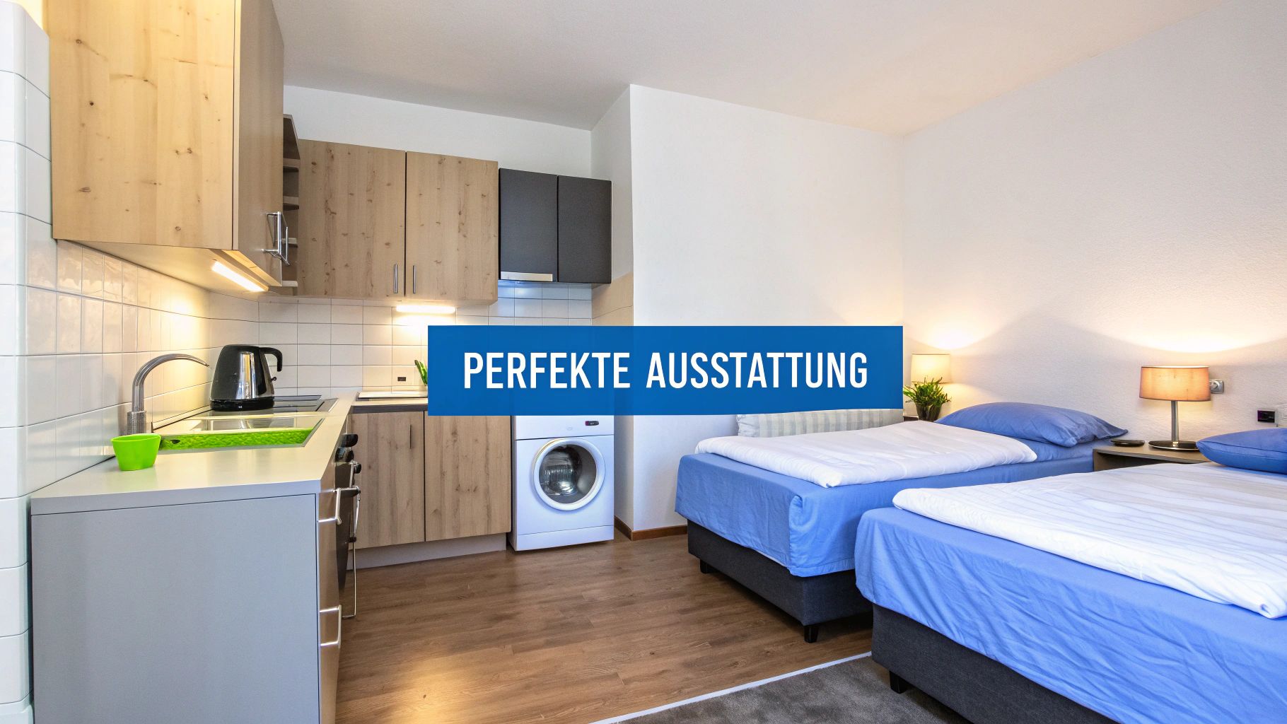 Gemütliches Apartment mit moderner Küche, Waschmaschine und zwei Einzelbetten. Perfekt ausgestattet für Kurzaufenthalte.