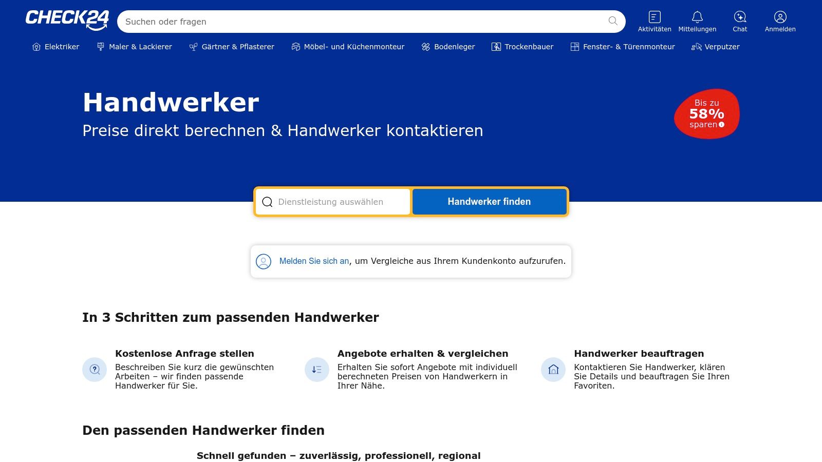 Ein Nutzer sucht auf einem Tablet nach Handwerkern, was die digitale Suche über CHECK24 symbolisiert