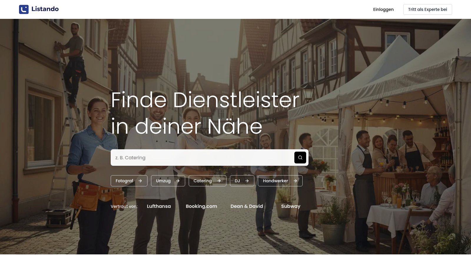 Die Startseite von Listando zeigt die Vielfalt der buchbaren lokalen Dienstleistungen.