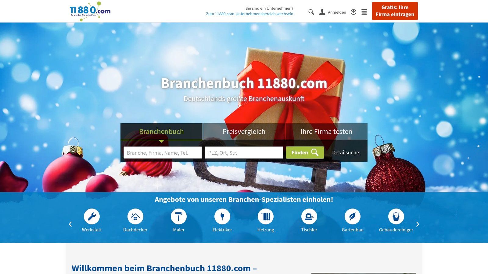 Die Startseite von 11880.com zeigt die Suchfunktion für Dienstleistungen und Standorte, was die Funktion als Branchenbuch für Handwerker symbolisiert