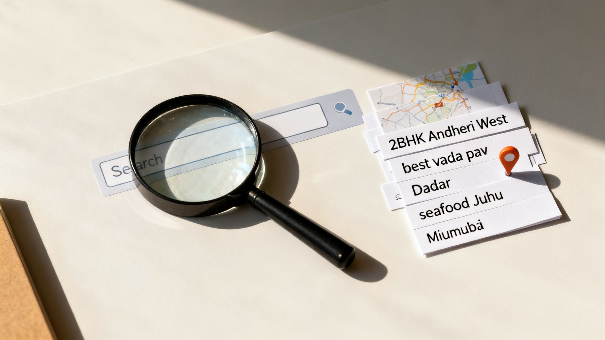 A magnifying glass over a search bar, next to cards listing Mumbai location and food search queries.