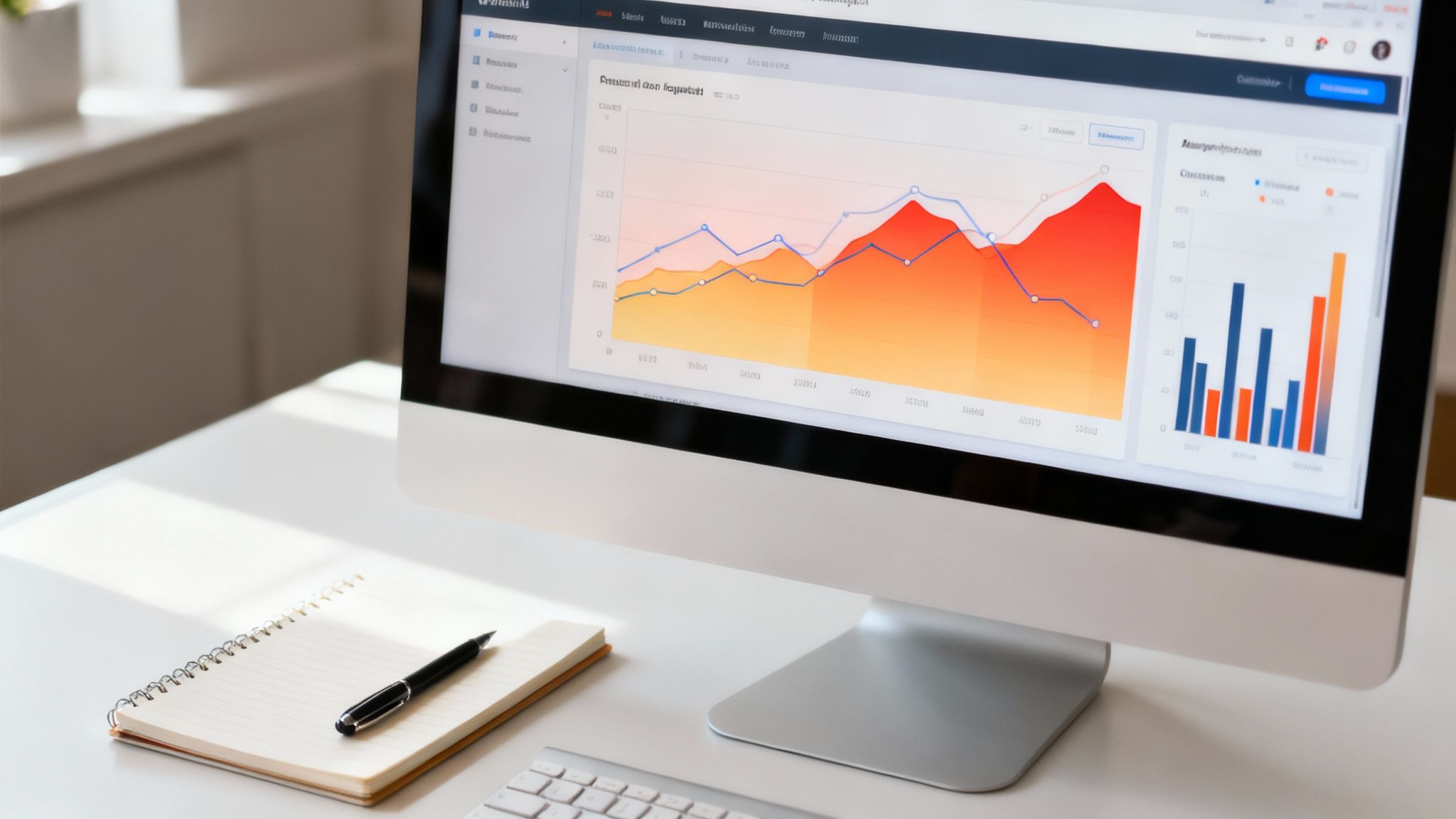 A computer screen displays financial data charts on a desk with a notebook and pen, ideal for business analysis.