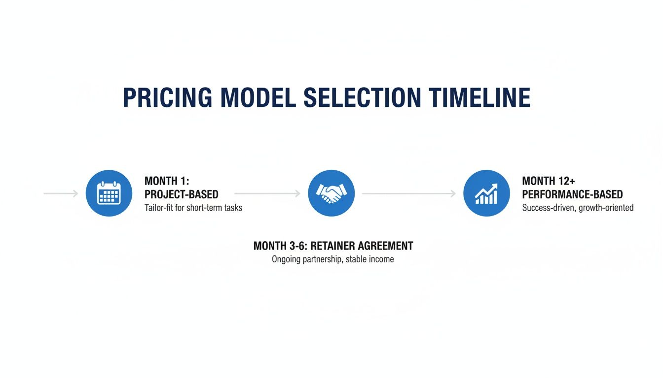 Timeline showing pricing model selection: project-based for month 1, retainer for months 3-6, and performance-based for month 12+.