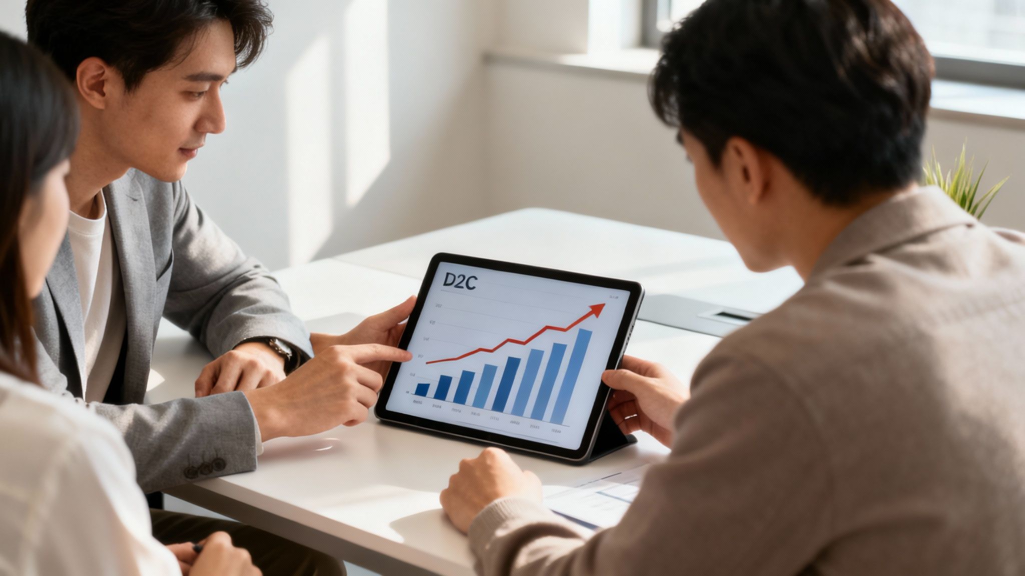 Three business professionals discuss growth data on a tablet, analyzing D2C strategy in a bright office meeting.
