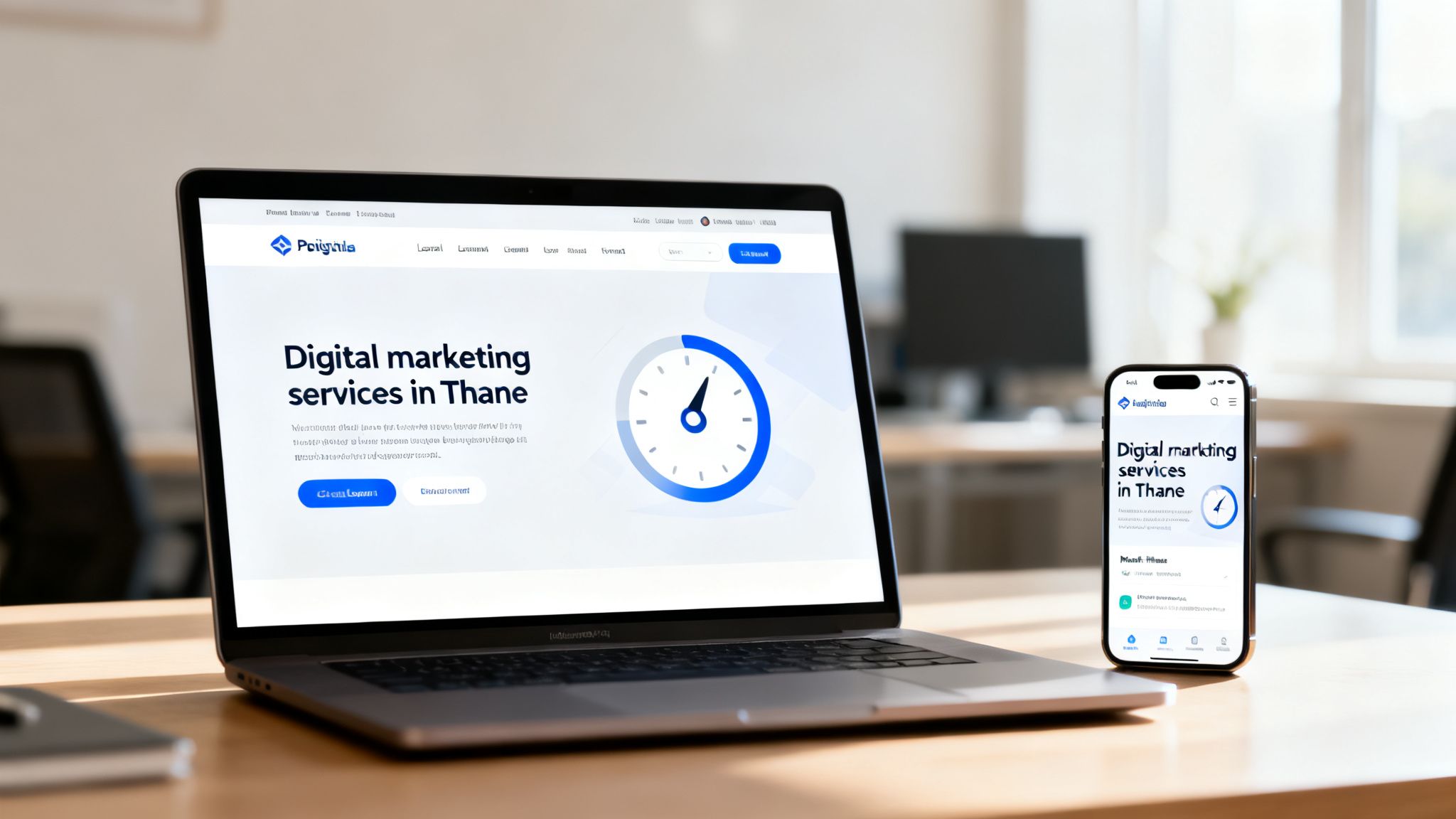 Laptop and smartphone displaying a website for digital marketing services in Thane with a blue clock graphic.