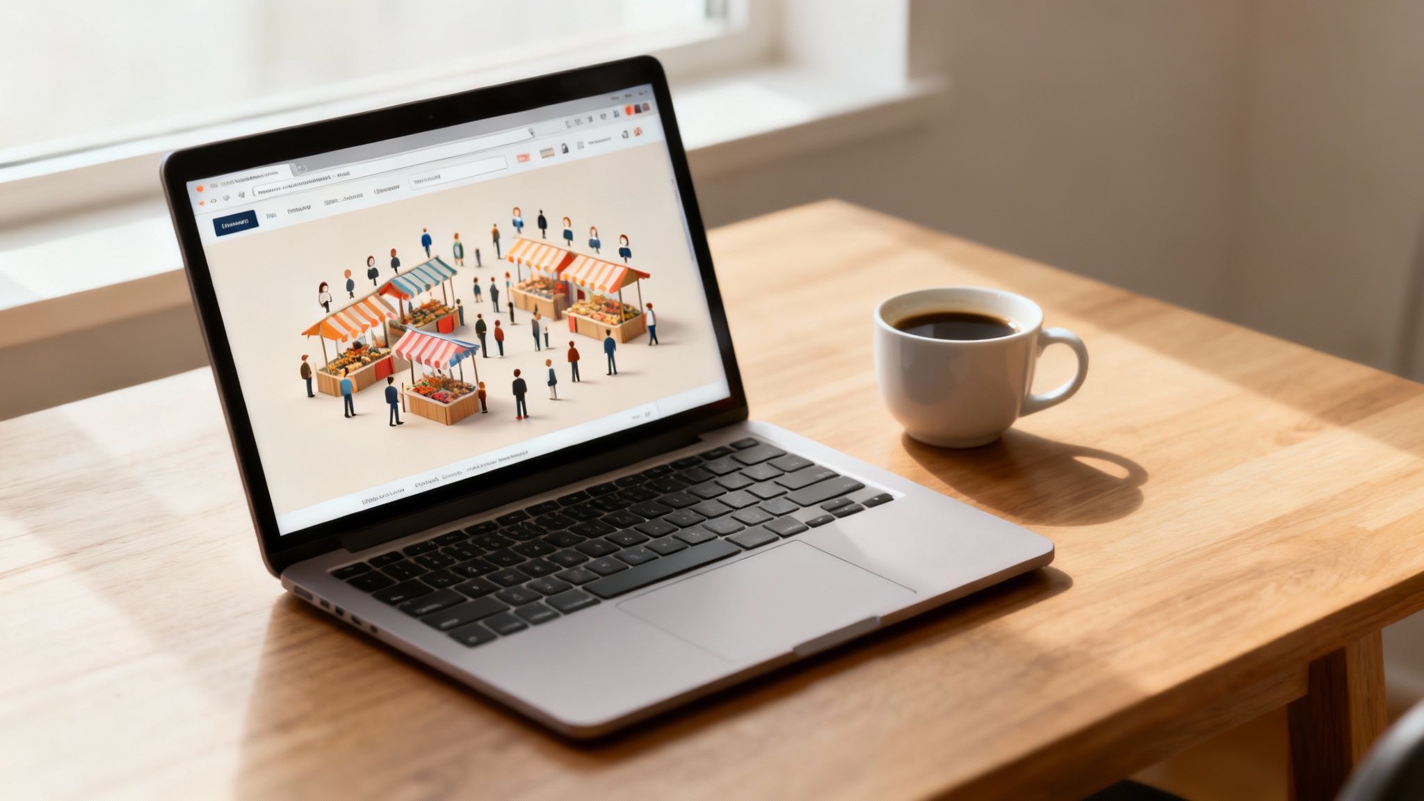 A laptop on a wooden desk displays an online market scene with people and stalls, next to a coffee cup.