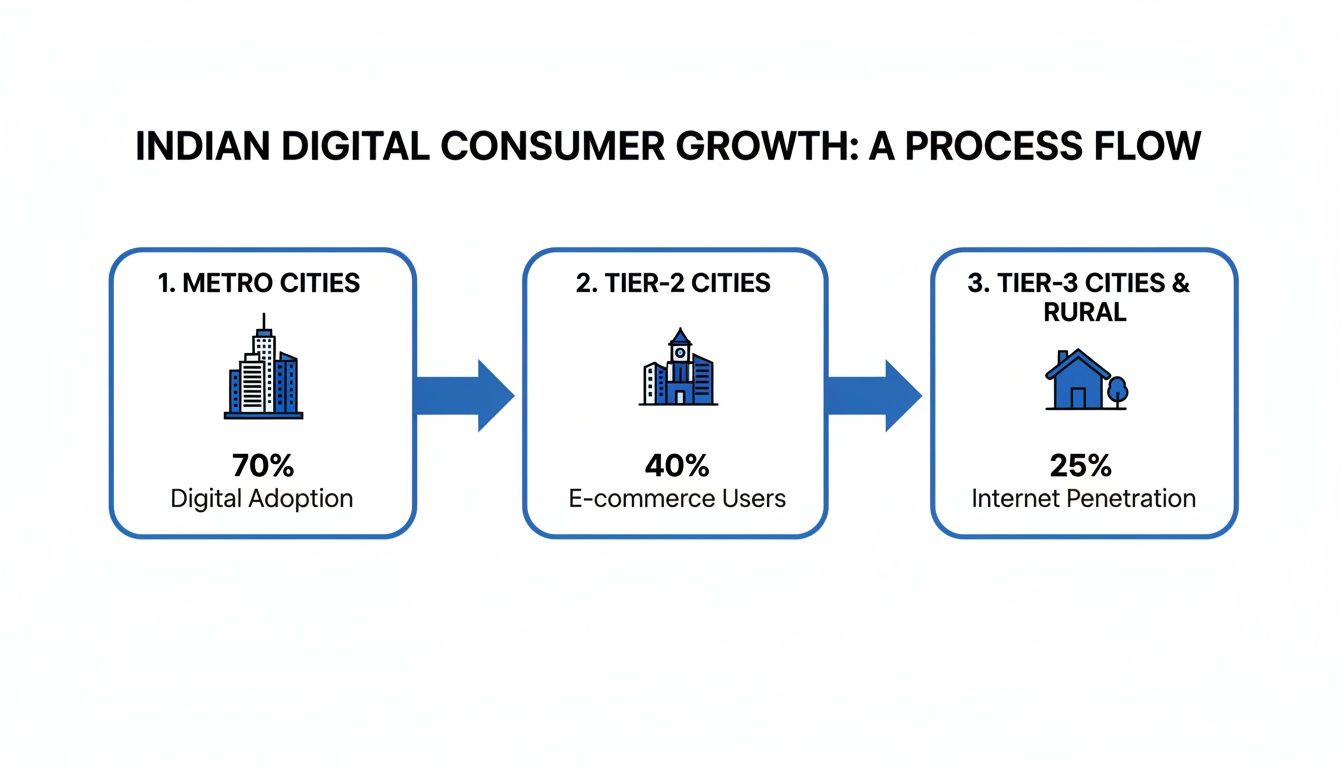 Infographic showing Indian digital consumer growth stages: Metro, Tier-2, and Rural, with varying digital adoption.