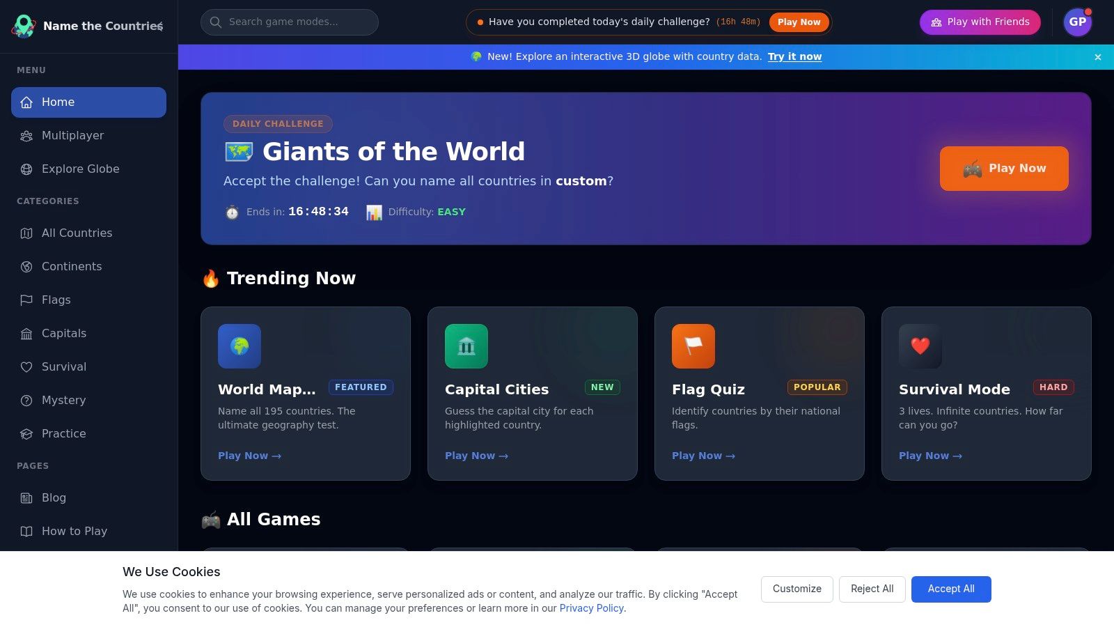 A screenshot of the Name The Countries website, showing a world map quiz in progress.