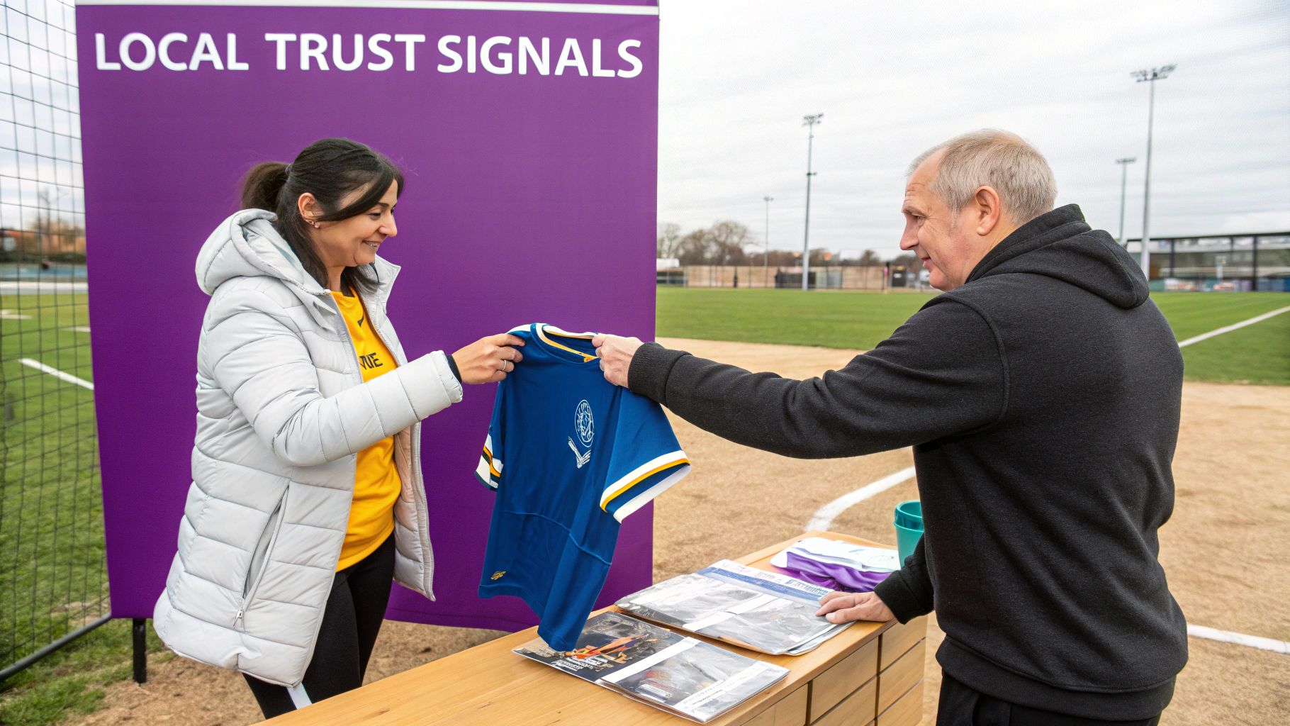 A woman and man exchanging a blue sports jersey on a field with a 'LOCAL TRUST SIGNALS' banner.