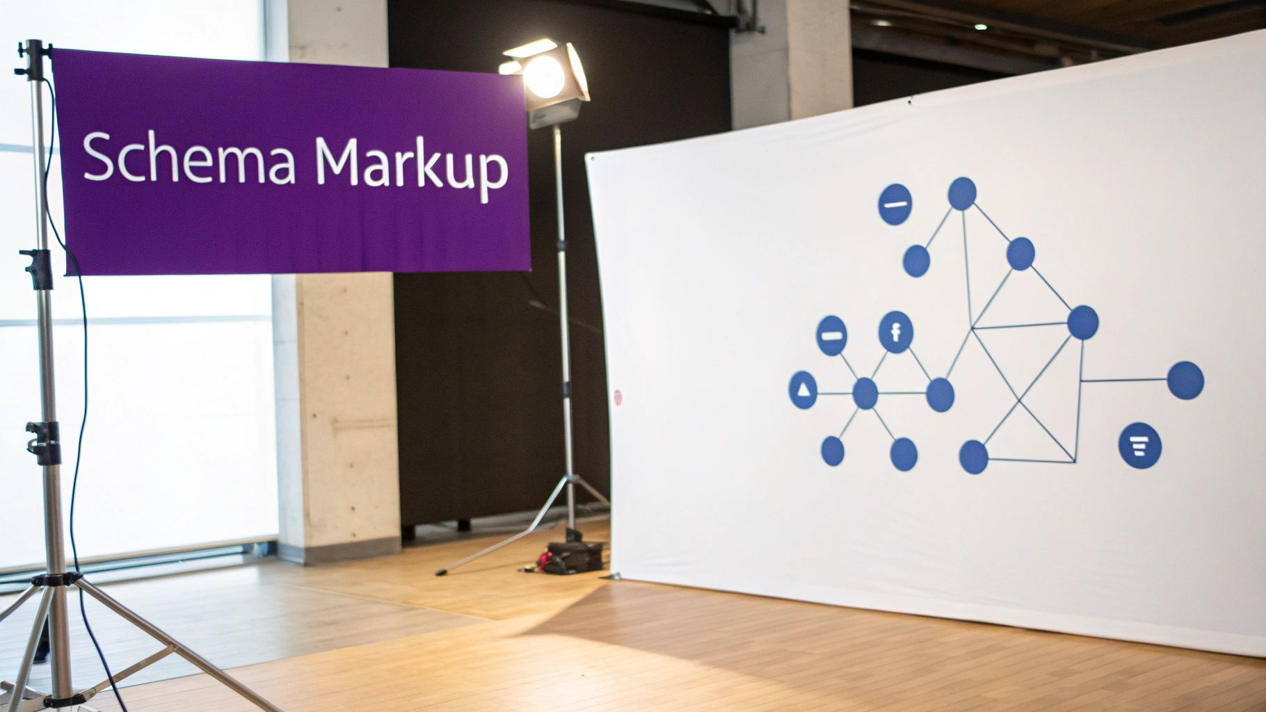 A purple banner with 'Schema Markup' text, next to a white screen showing a blue network diagram.
