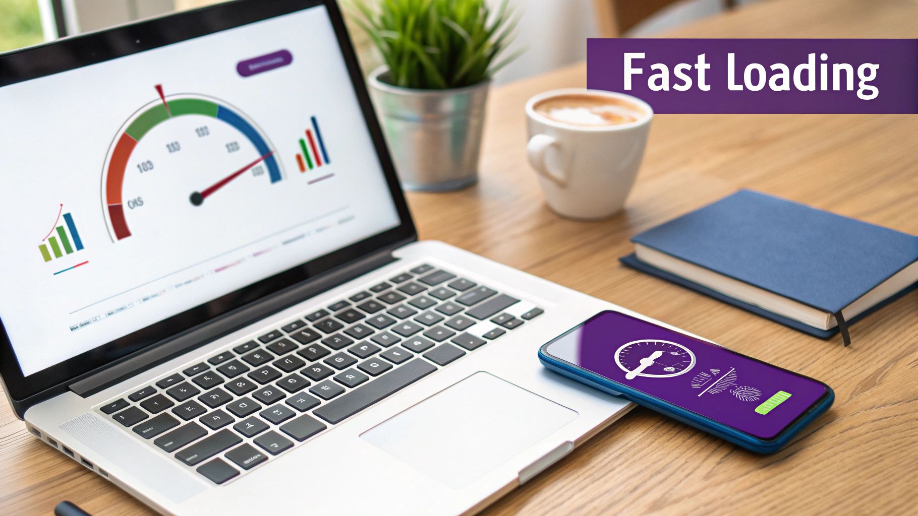 Laptop and smartphone displaying fast loading speed performance metrics on a wooden desk with coffee.