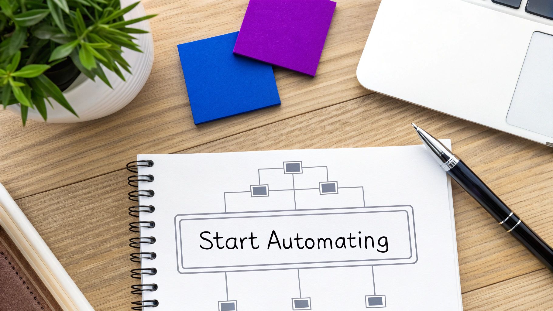 Overhead view of a desk with a notebook showing 'Start Automating' on a flowchart, next to a laptop and plant.