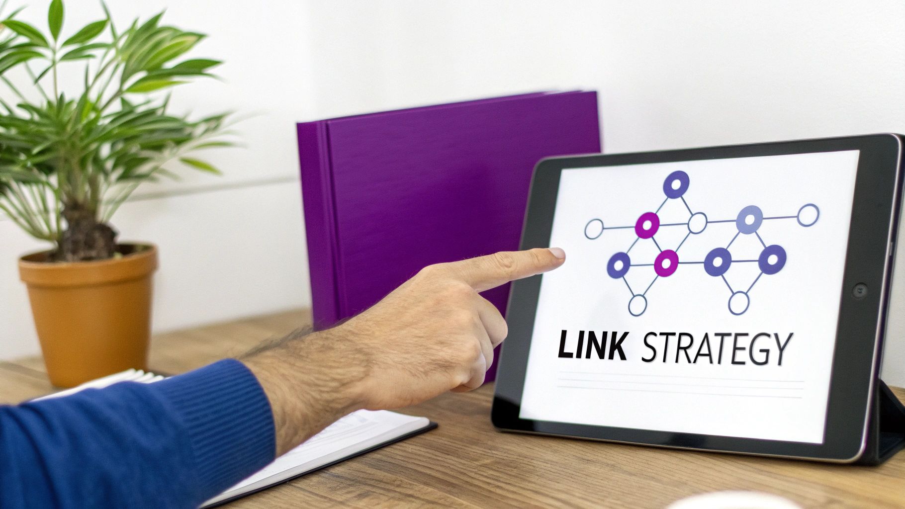 A hand points at a tablet displaying a 'LINK STRATEGY' diagram on a wooden desk.