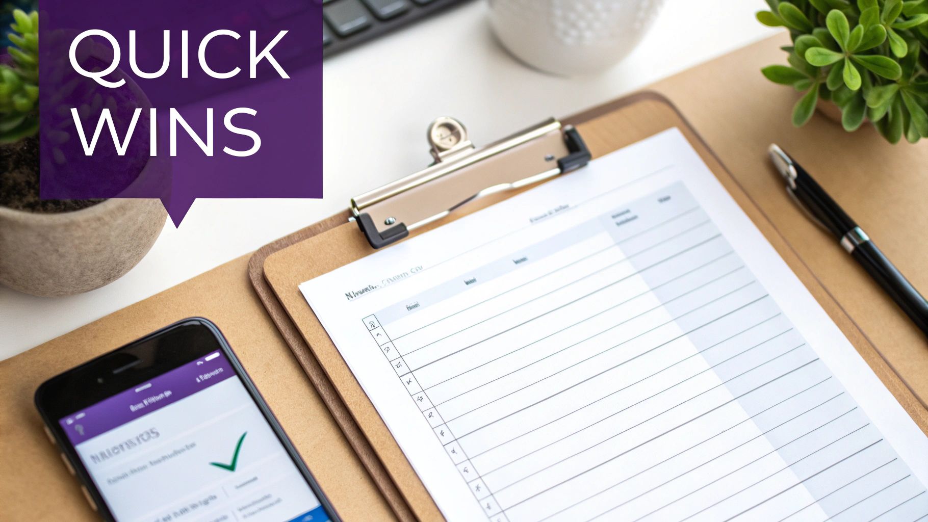 A flat lay of a desk with a clipboard, pen, smartphone, and plants, featuring a 'QUICK WINS' speech bubble.