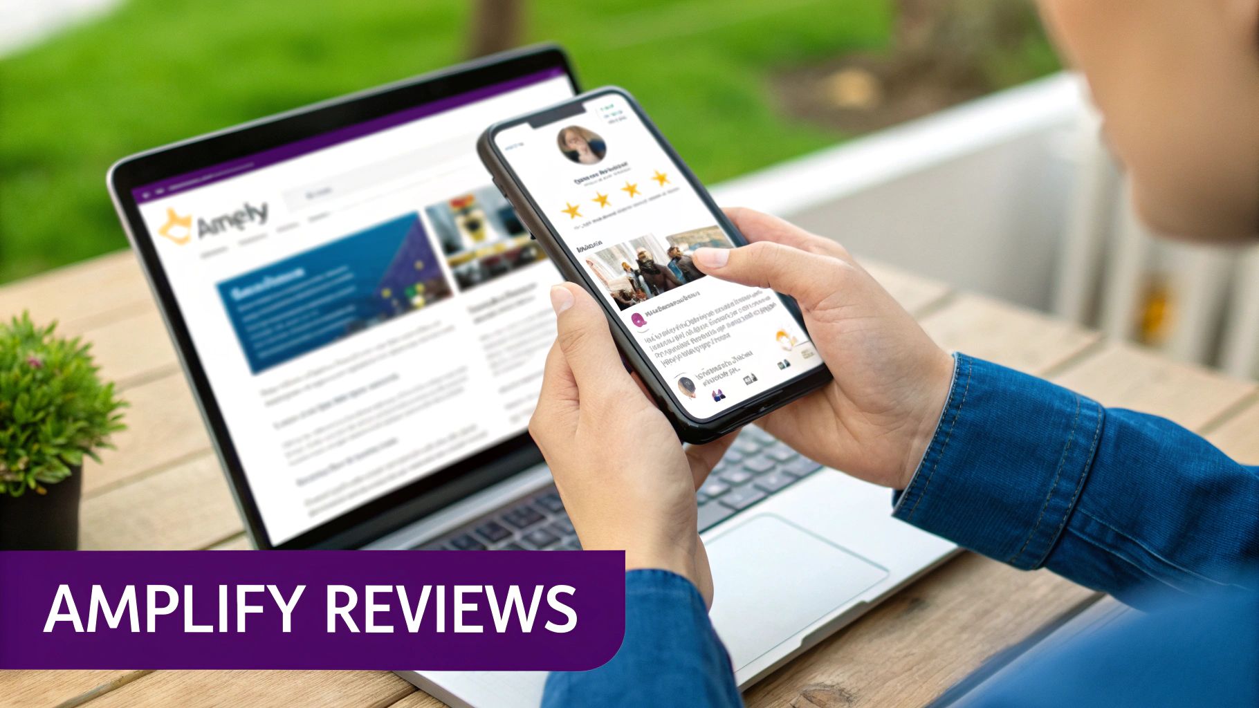 Person holding a smartphone displaying online reviews, next to a laptop, on a wooden table outdoors.